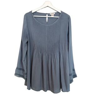 Sundance Oversized Blue Grey Pintuck Pleated Long Sleeve Tunic Blouse